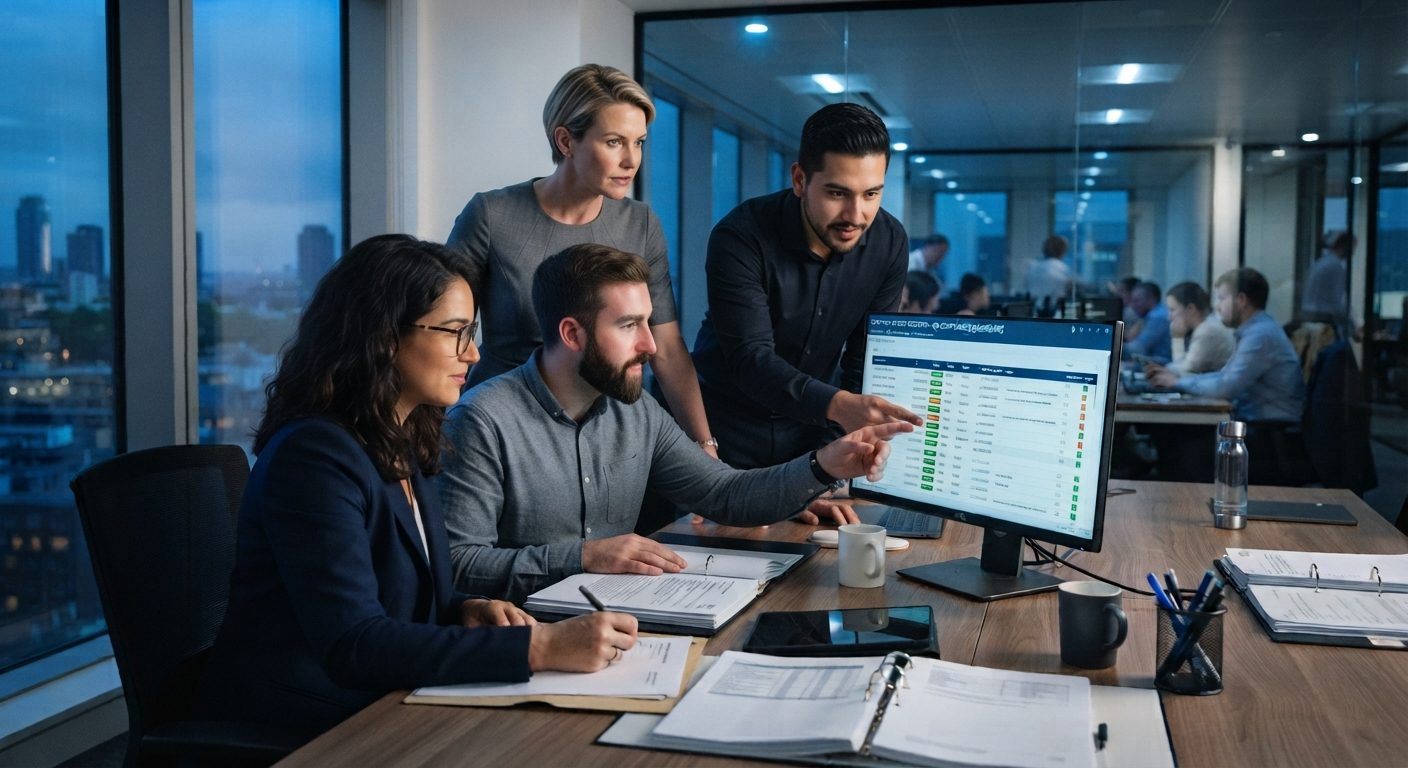 Equipo de cuatro personas revisa en una pantalla el registro de agentes de su empresa, en una oficina al atardecer.